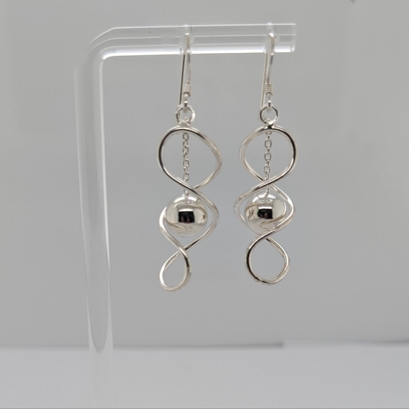 Sterling Silver Spiral & Dangling Sphere Earrings - Picture 2 of 7